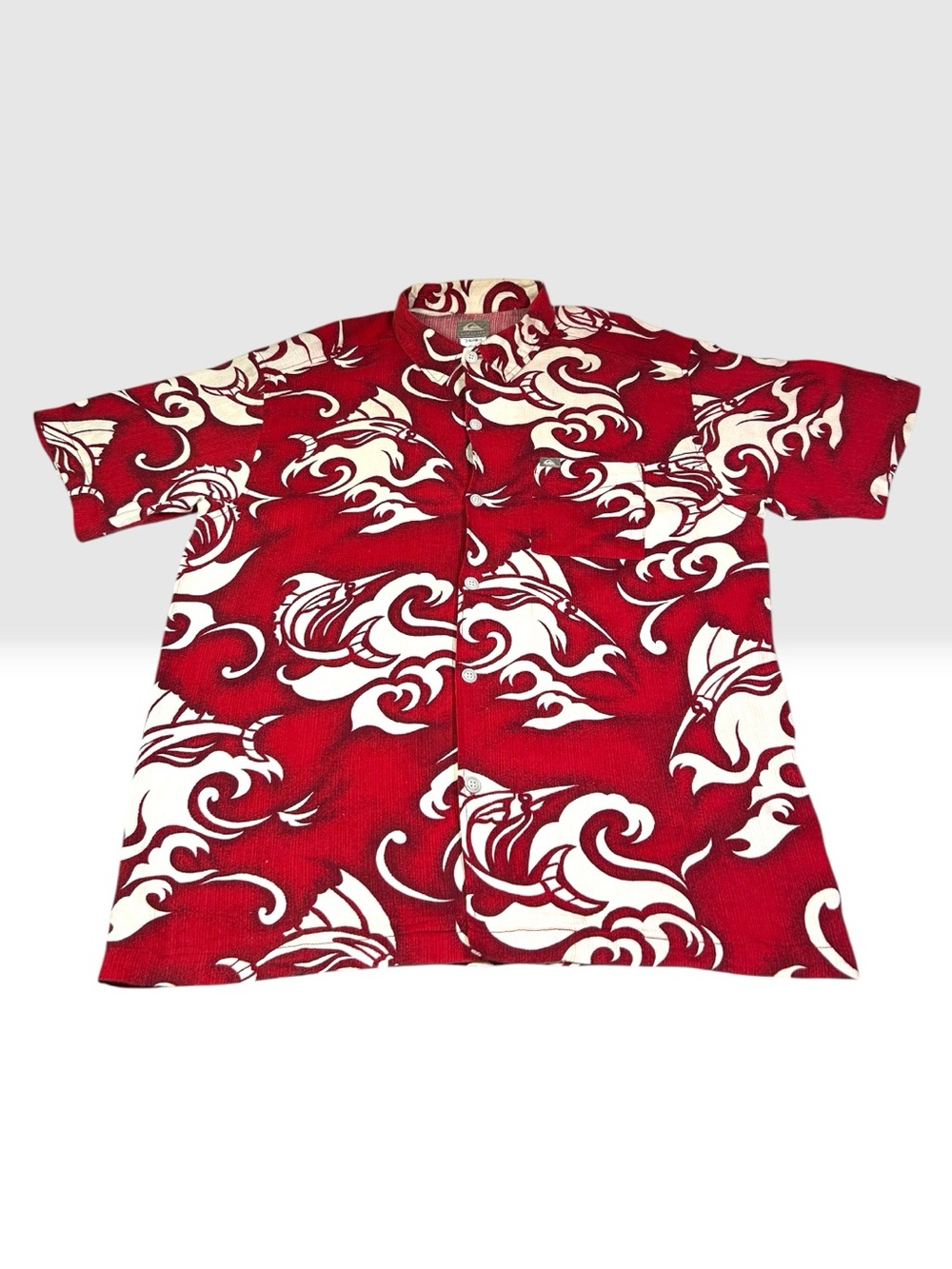 VTG Quiksilver Hawaiian Shirt Mens L Red Tribal Y2K Surf Button Up Beach AOP